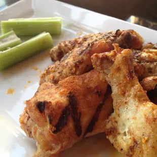 Chicken wings with dry rub and blue cheese stuffed celery.  1 of 3 choices for wings; these are very tender and scrumptous