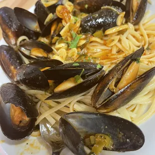 Angry Mussels linguine.  This will be an obsession. The sauce was wonderful garlicky with a nice kick.