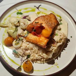 Pan Seared Salmon w/marinated artichokes, hearts of palm, &amp; tomato, herbed mascarpone basmati rice, celery root purée, $35. Delicious.