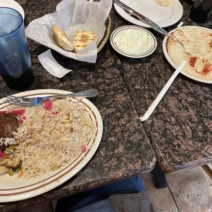 Hummus.  Chicken kabob.  Steak kabob.