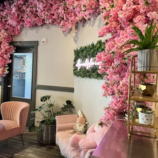 pink flowers on the wall