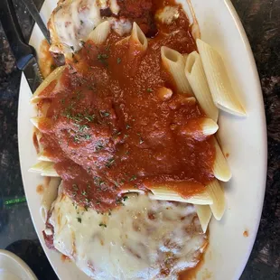 Tour of Italy  (chicken Parmesan, meatball over Penna, eggplant rotini)