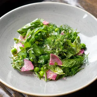 Burrata with english pea &amp; watermelon radish.