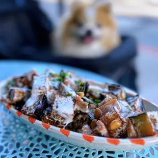 Fattet Batinjan: Fried eggplant w/ garlic yogurt sauce, pita croutons | $12 (Get this!)