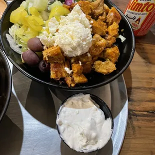 Chicken Shawarma rice bowl with tzatziki sauce