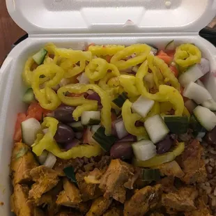 Rice/Mujadara 50-50 bowl with chicken shawarma
