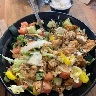 Make Your Own Rice Bowl with the house rice and Schwartz chicken.  SO  GOOD