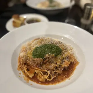 'brasato costola corta' braised short rib, house-made tagliatelle, thumbelina carrot, garlic confit, pesto sauce