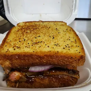 Bourbon Glazed Pork Belly Sandwich ATW on Texas Toast