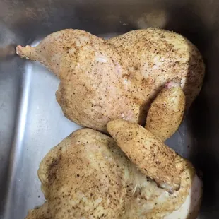 Try our delicious smoked chicken halves or quarters.