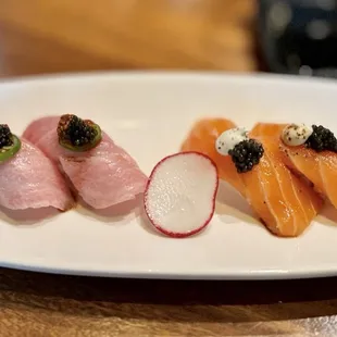 Otoro (left) and Salmon Nigiri (right)