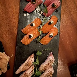 We got Sake Signature Nigiri, O-Toro Signature Nigiri, and I think Hamachi Signature Nigiri