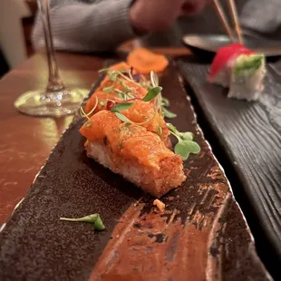 Salmon crispy rice (don&apos;t know the name of it but our waiter said it was his favorite thing and told us to try it, SOOOOO good)