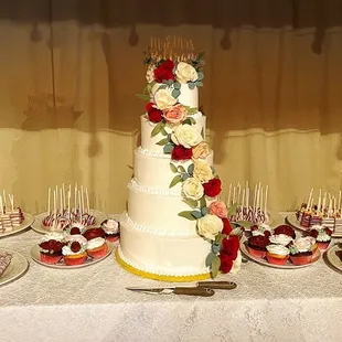 a wedding cake and desserts