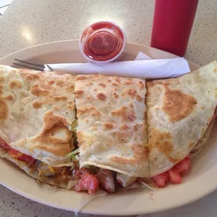 Chicken quesadilla was delicious and huge!! Definitely worth it