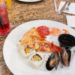 pizza, sushi, mussels, shrimp