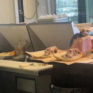 Meat sandwiches in the making.