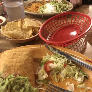 Far side - chicken fajitas, chips, 1/2 chimichanga &amp; guacamole.