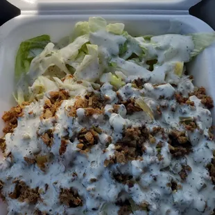 Chix/Lamb over rice w/salad &amp; Tzatziki sauce. Ohh yeahhh!