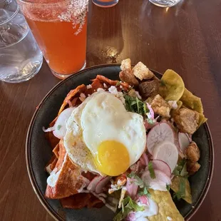 Chilaquiles with red and green sauce, and chicharrones!