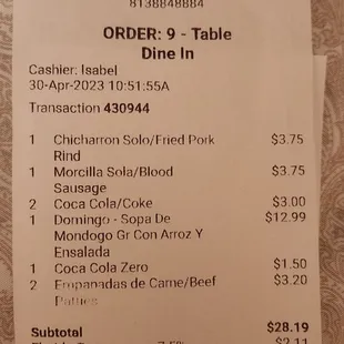 order for the table