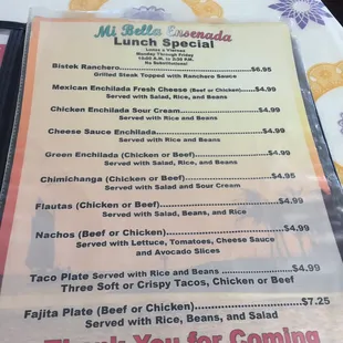 Excellent Value Lunch Menu