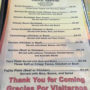 Picture of their lunch menu