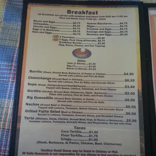 a menu for breakfast