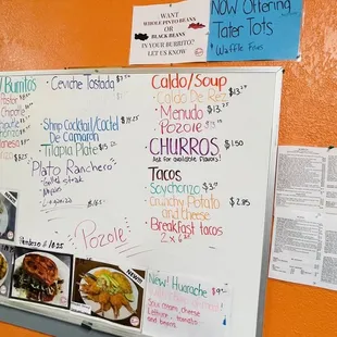 a menu on a white board