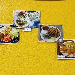 pictures of food on a yellow wall