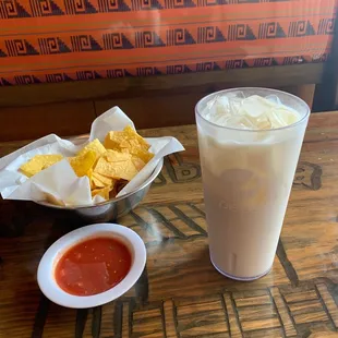 Chips and Salsa with horchata.