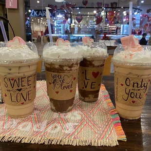 (From left to right)  1 Iced Mazapan Latte, 2 Iced Duvalín Lattes, 1 Iced Paleta Payaso Latte... all 20 oz