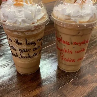 Left: Caramel Frap Right: Iced Horchata Latte