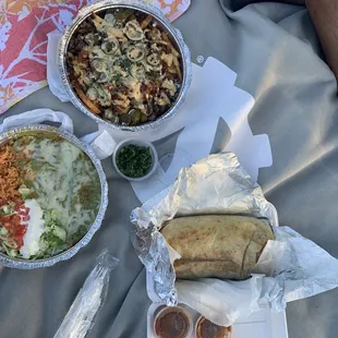 Green enchiladas, chicken burrito