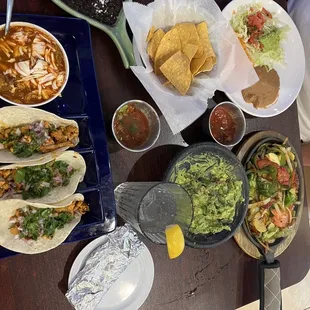 Spicy Chicken Tacos, Pozole, Black Beans, Guacamole, Veggie Fajitas!!!! Muy Bueno :)