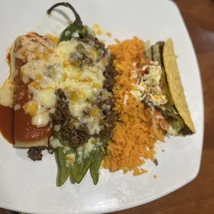 Combo with Enchilada, baked Chile Relleno (yum!!), beef taco, and rice.