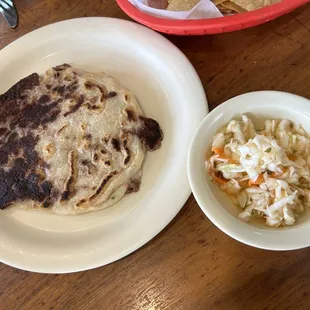 Bean &amp; Cheese papusa served with side of cabbage mixture (don't know correct name for it! )