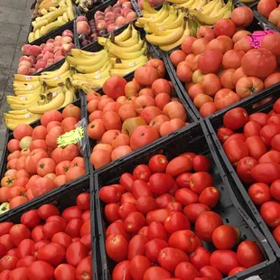 a display of tomatoes and bananas