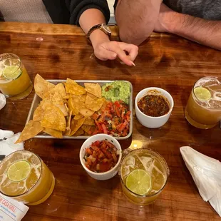 Chips and salsa. Not spicy . Great drinks