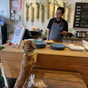 a man and his dog in a kitchen