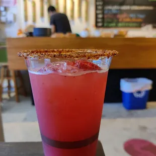 Jamaica strawberry Agua Fresca with a chamoy rim - refreshing!