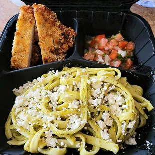 Poblano Pasta Tonkatsu: delicious pork tonkatsu, spicy &amp; mellow poblano pasta with cool &amp; refreshing salsa $16