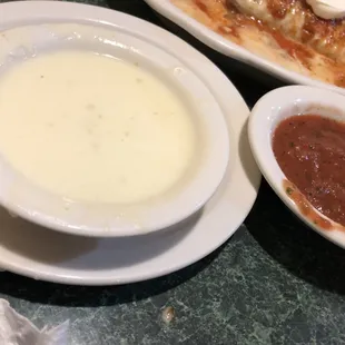 Cheese dip and salsa.