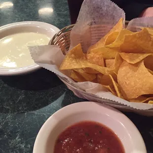 Chips, salsa and cheese dip