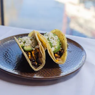 Mushroom &amp; Potato Tacos - roasted mushroom, grilled gold potato, carrot habanero salsa, fresh avocado, queso fresco