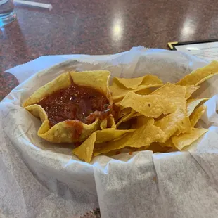 Homemade chips and salsa. Isn't the "bowl" for Salsa cute?