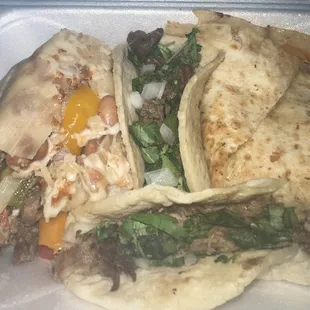 Asada Fajita Burrito Asada Tacos (top) Carnitas Tacos (bottom) Pollo Fajita Quesadilla