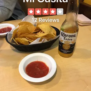 a plate of chips and a bottle of beer