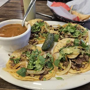 Delicious food. Street tacos were perfect. Charro beans were delicious. Loved the green sauce.