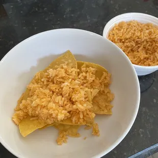 Just a few chips and a scoop of rice in the bottom of the bowl.